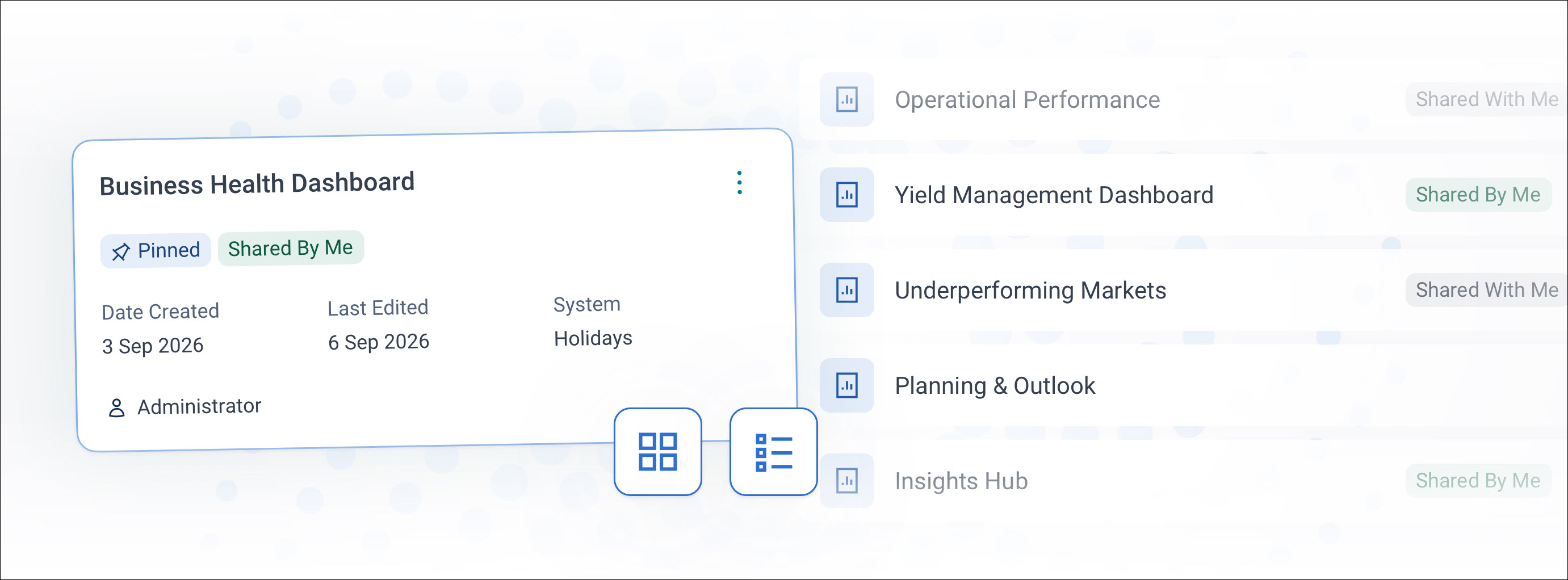 Grid view and list view of a dashboard, with the toggle between them highlighted